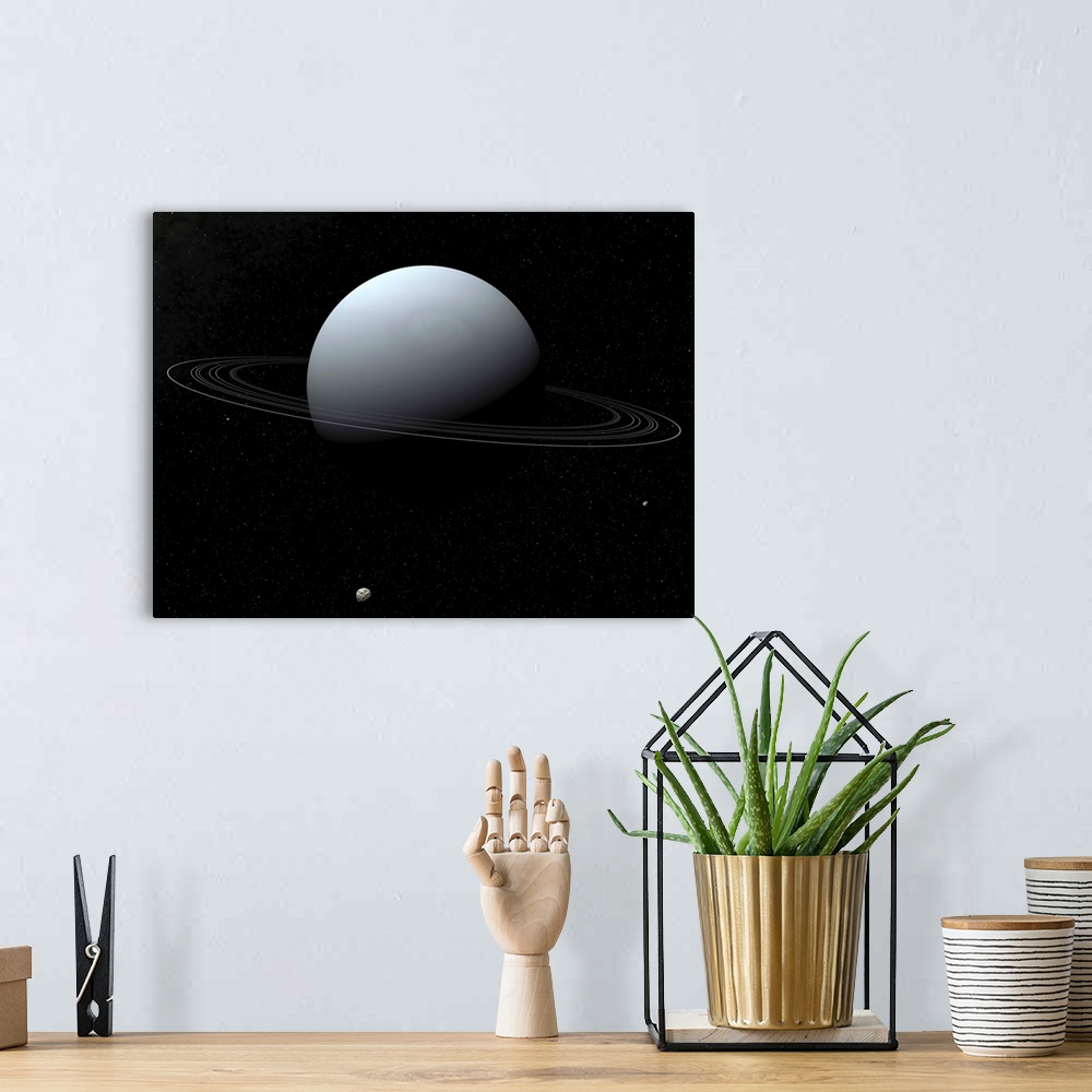 A bohemian room featuring Artist's concept of Uranus and its tiny moon Puck.