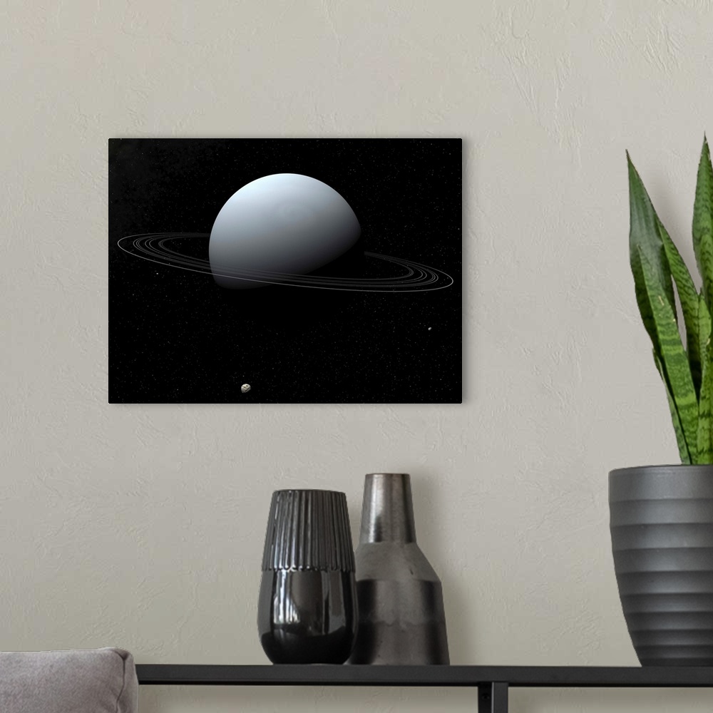 A modern room featuring Artist's concept of Uranus and its tiny moon Puck.