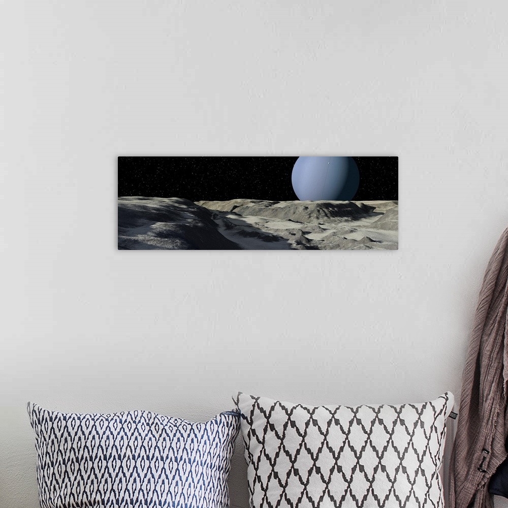 A bohemian room featuring Uranus seen from the surface of its moon, Ariel. Ariel is one of Uranus' largest moons. It's surf...