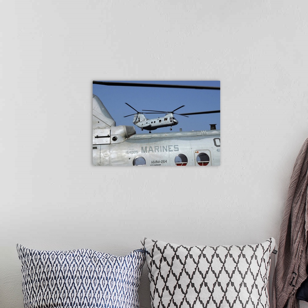 A bohemian room featuring US Marine Corps CH46 Sea Knight helicopters