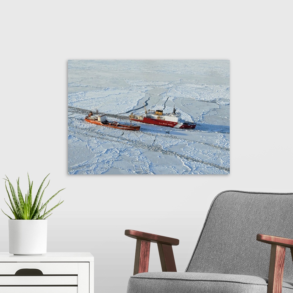 A modern room featuring January 6, 2012 - The USCGC Healy (WAGB-20) breaks ice around the Russian-flagged tanker Renda 25...
