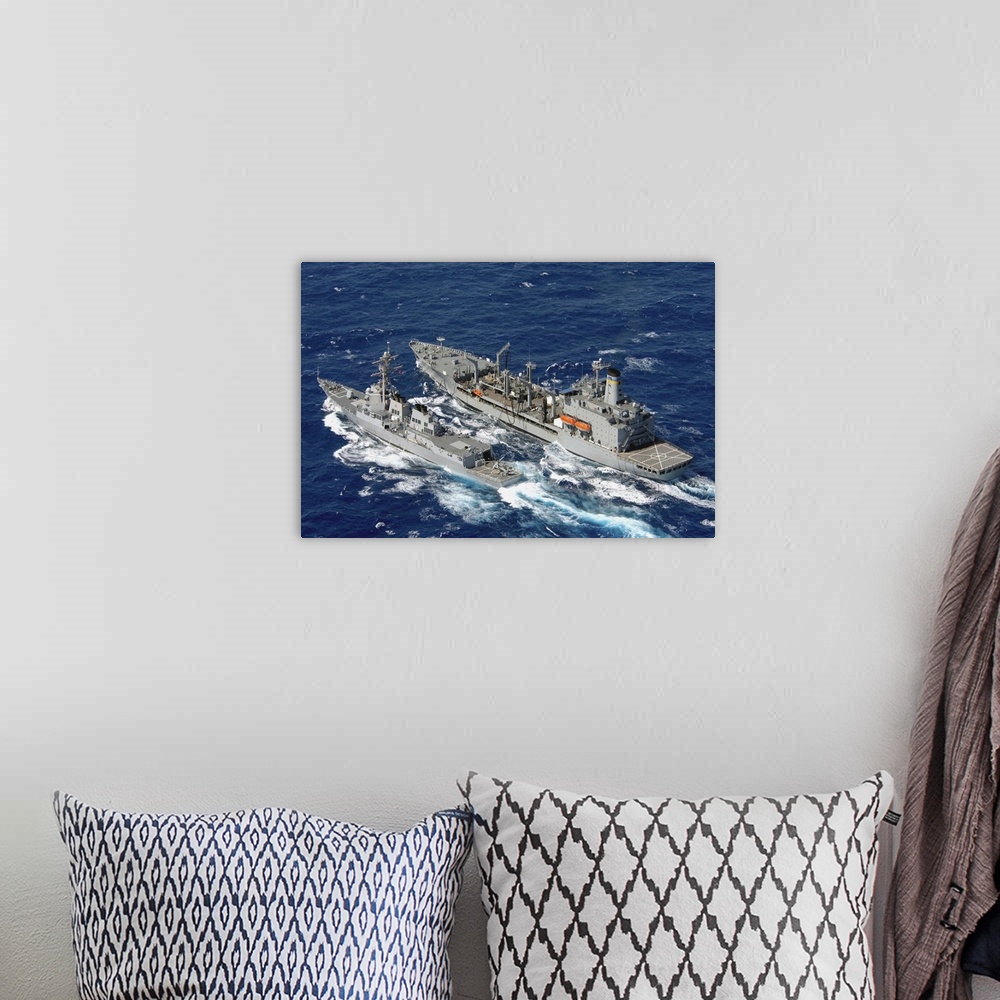 A bohemian room featuring U.S. Navy destroyer USS Decatur comes alongside the Military Sealift Command oiler USNS Pecos.