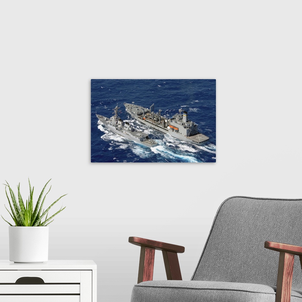 A modern room featuring U.S. Navy destroyer USS Decatur comes alongside the Military Sealift Command oiler USNS Pecos.
