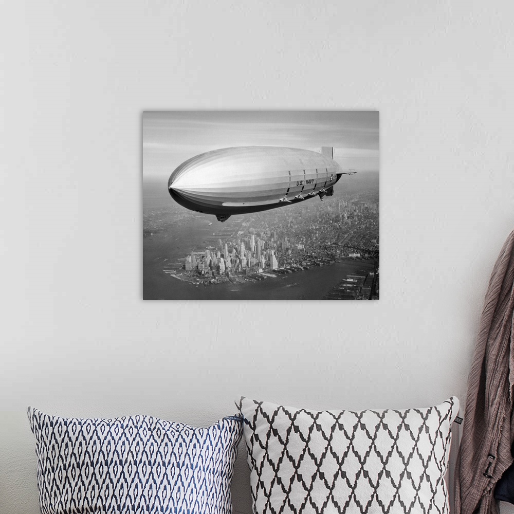 A bohemian room featuring USS Macon Airship flying over New York City.