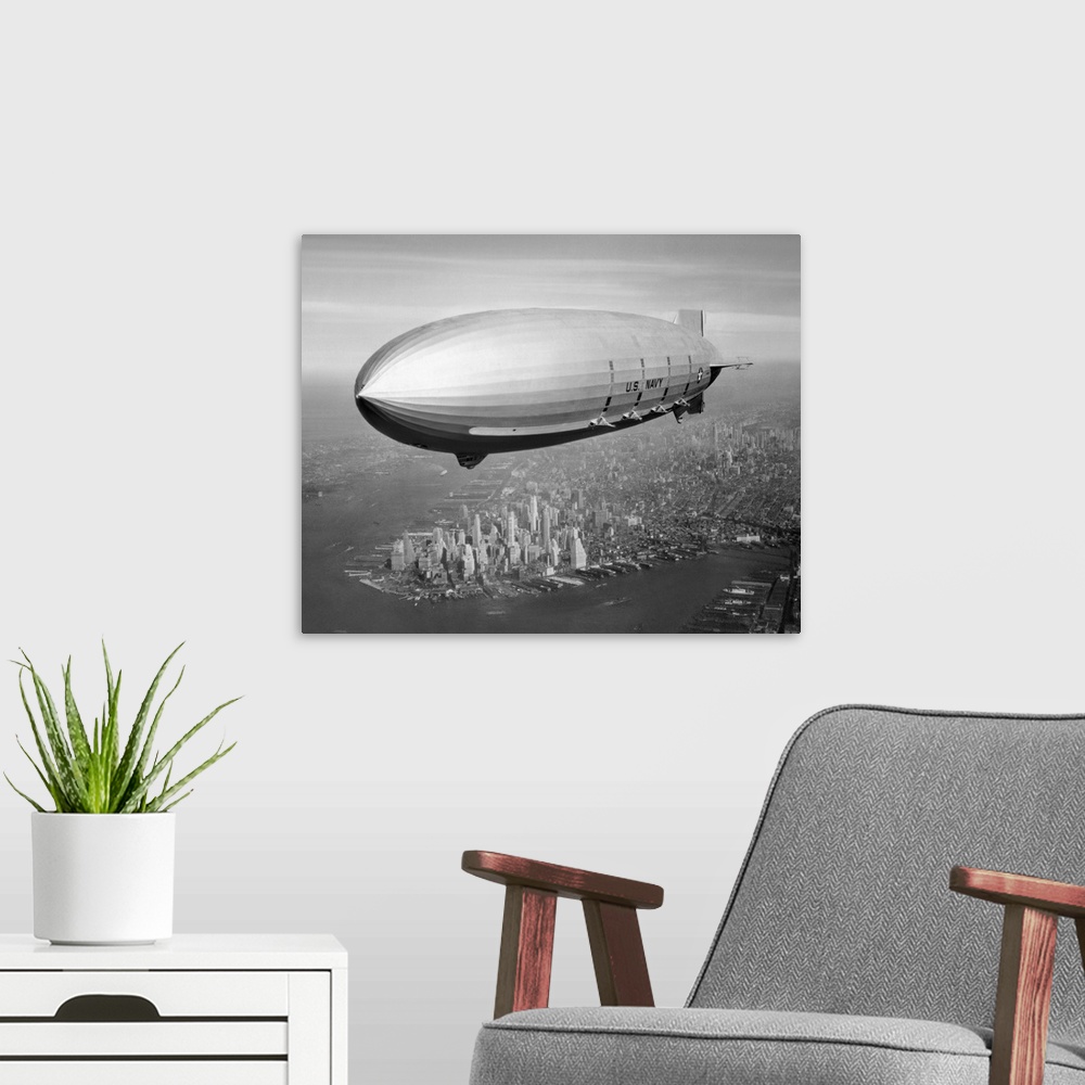 A modern room featuring USS Macon Airship flying over New York City.
