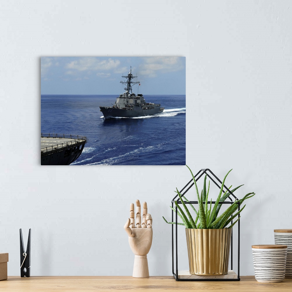 A bohemian room featuring Guided-missile destroyer USS Preble approaching the Military Sealift Command oiler USNS John Eric...