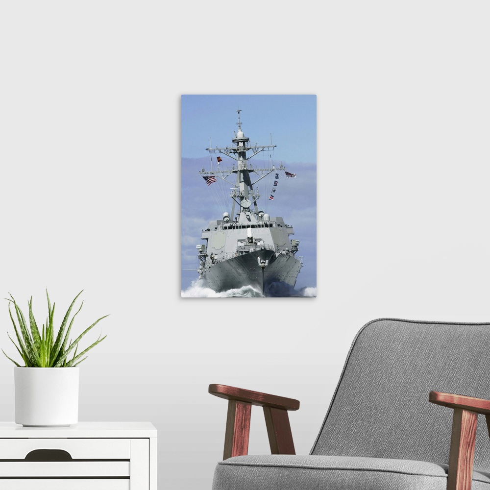 A modern room featuring USS Winston S. Churchill makes a high-speed run in the English Channel.