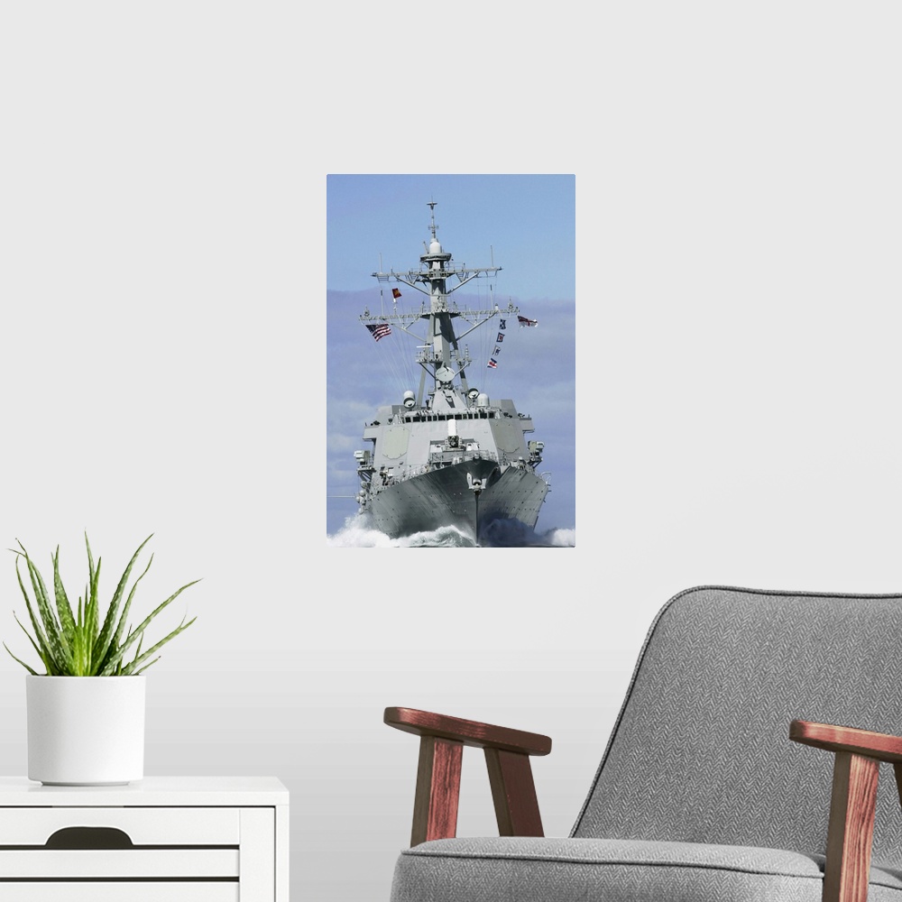A modern room featuring USS Winston S. Churchill makes a high-speed run in the English Channel.