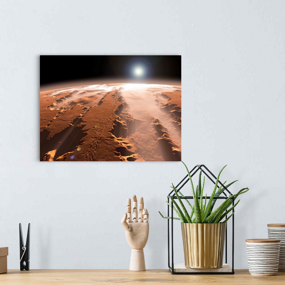 A bohemian room featuring Artist's concept of the Valles Marineris canyons on Mars.