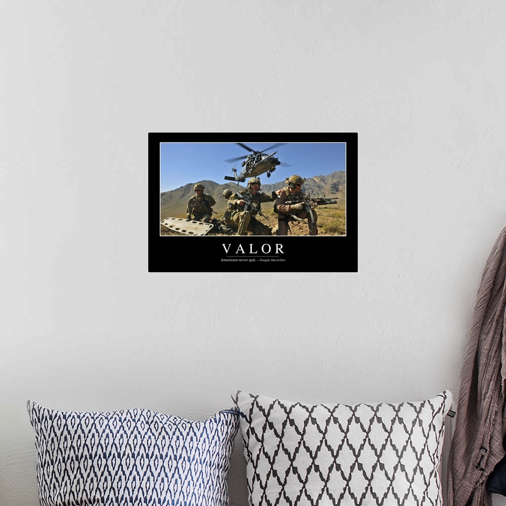 A bohemian room featuring Valor: Inspirational Quote and Motivational Poster