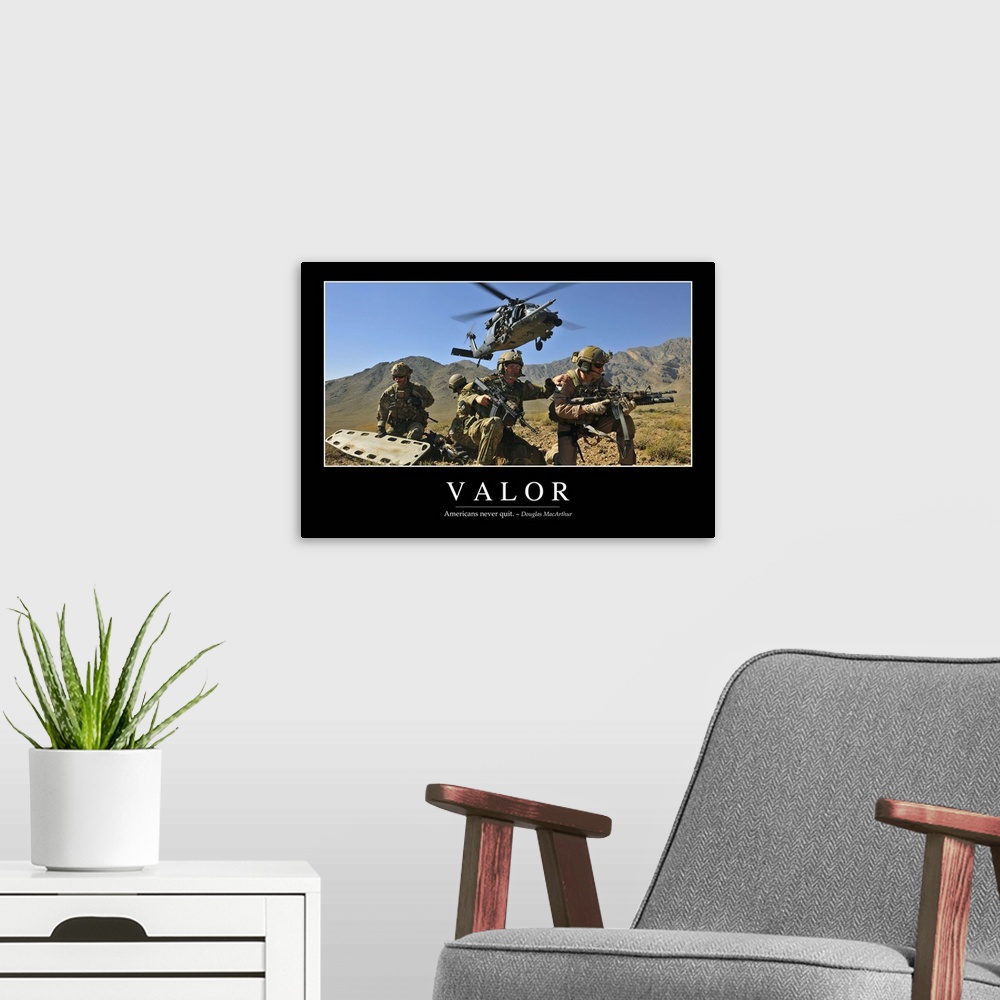 A modern room featuring Valor: Inspirational Quote and Motivational Poster