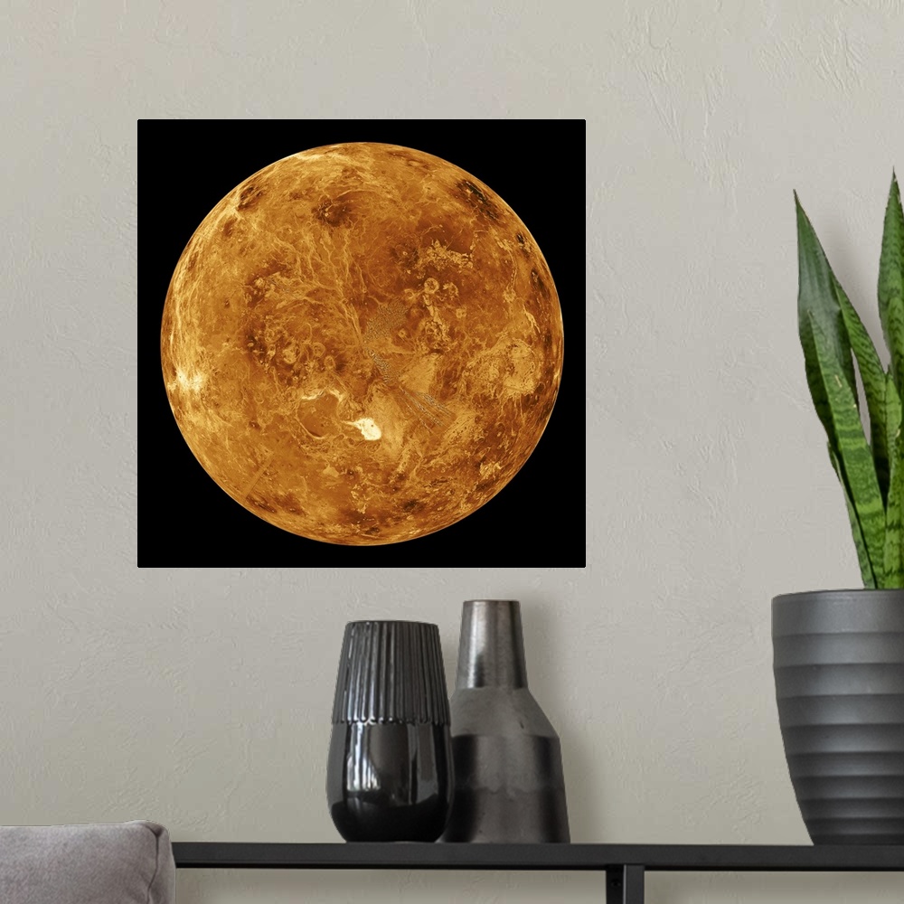 A modern room featuring The planet Venus entirely takes up this large piece with a black background.