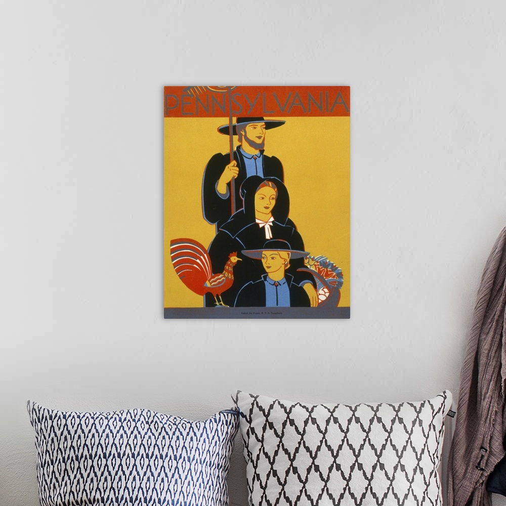 A bohemian room featuring Vintage 1936 Travel Poster Promoting Lancaster County, Pennsylvania, Of An Amish Family