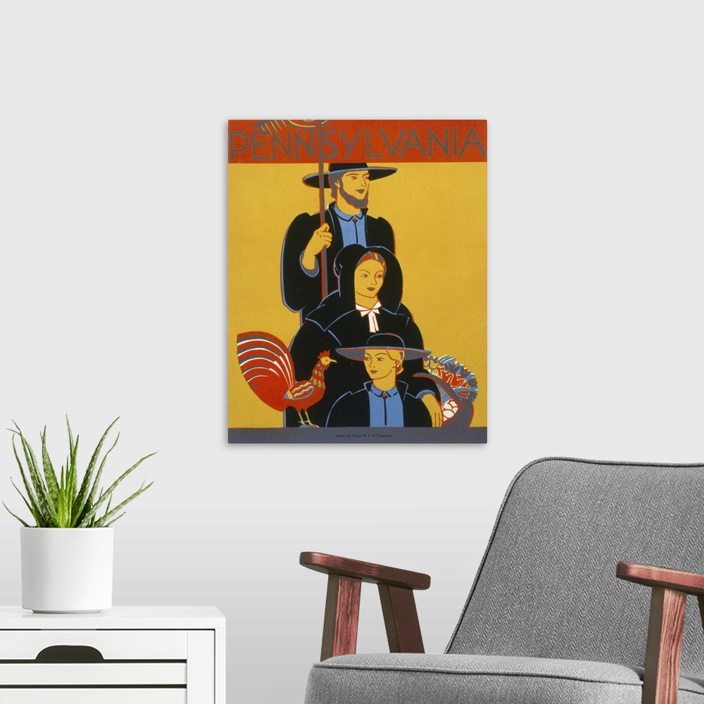 A modern room featuring Vintage 1936 Travel Poster Promoting Lancaster County, Pennsylvania, Of An Amish Family