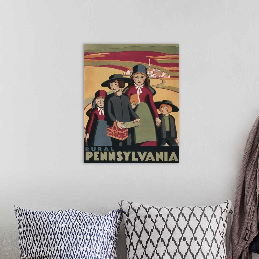 A bohemian room featuring Vintage 1936 Travel Poster Promoting Rural Pennsylvania
