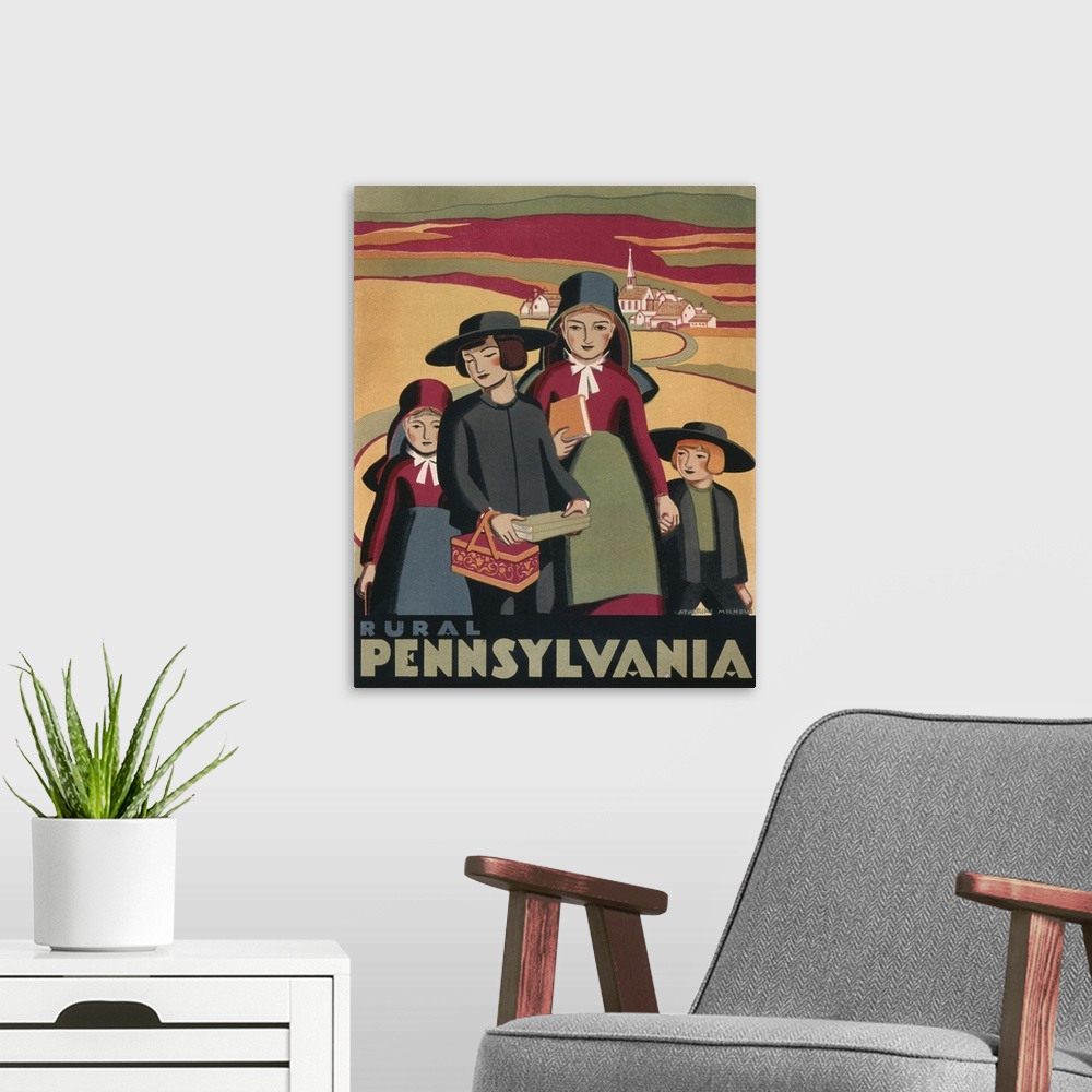 A modern room featuring Vintage 1936 Travel Poster Promoting Rural Pennsylvania