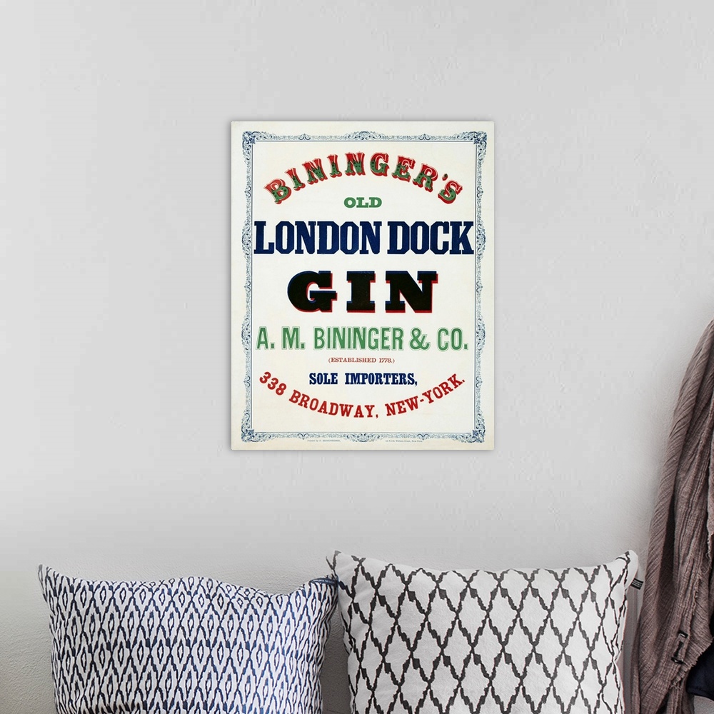 A bohemian room featuring Vintage Advertisement Fo Bininger's Old London Dock Gin, With A Scrollwork Border
