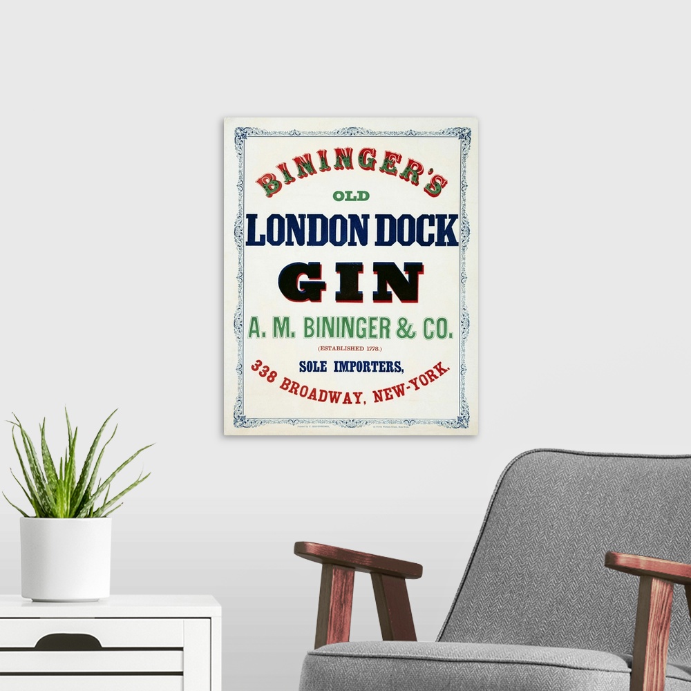 A modern room featuring Vintage Advertisement Fo Bininger's Old London Dock Gin, With A Scrollwork Border