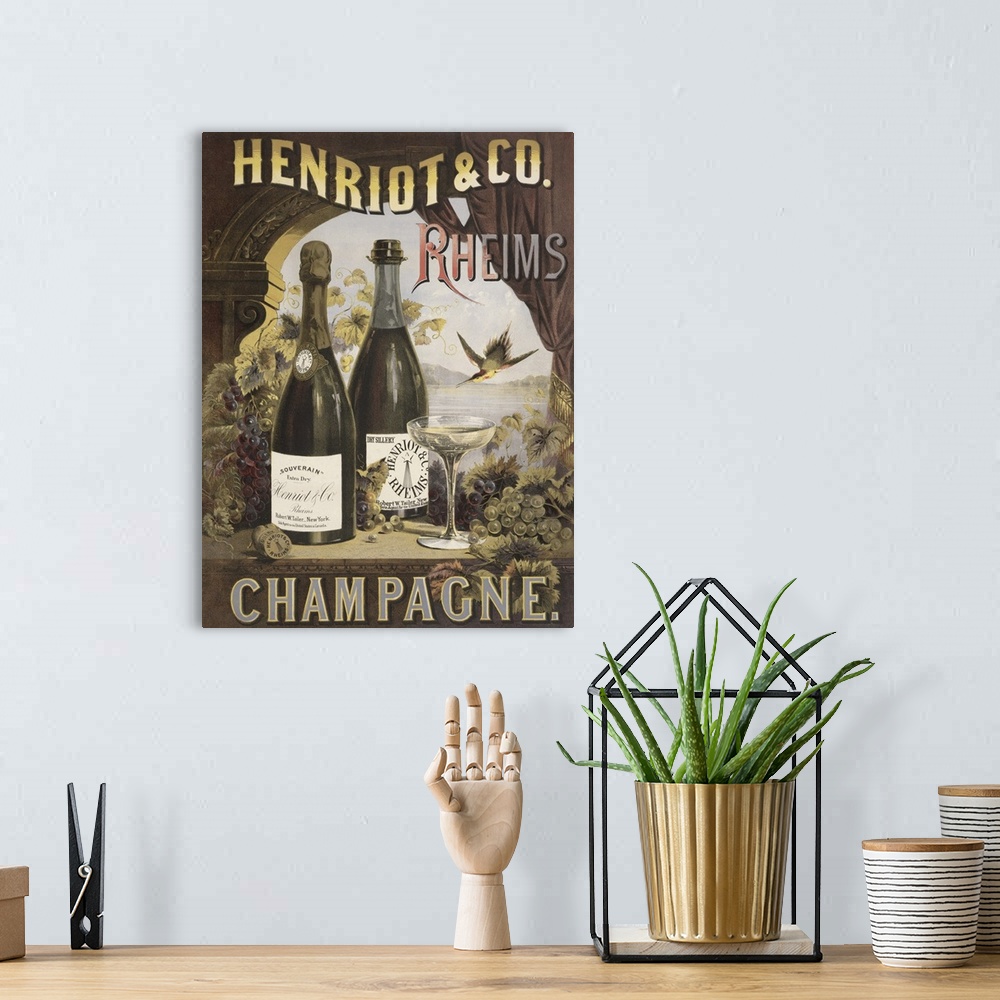 A bohemian room featuring Vintage advertisement for Henriot & Co Rheims champagne with a coupe glass and champagne bottles ...