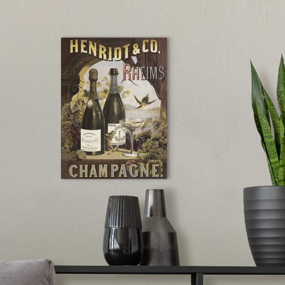 A modern room featuring Vintage advertisement for Henriot & Co Rheims champagne with a coupe glass and champagne bottles ...