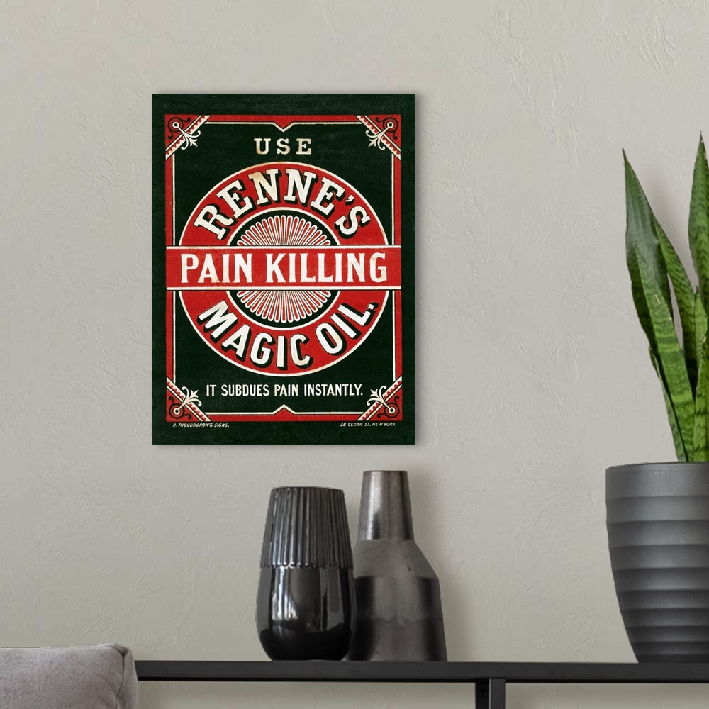 A modern room featuring Vintage Advertisement For Renne's Pain Killing Magic Oil, With Decorative Border