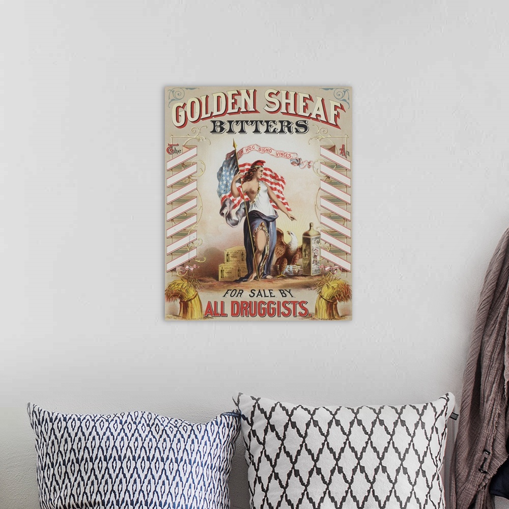 A bohemian room featuring Vintage Advertisement Of Goddess Columbia With An American Flag For Golden Sheaf Bitters