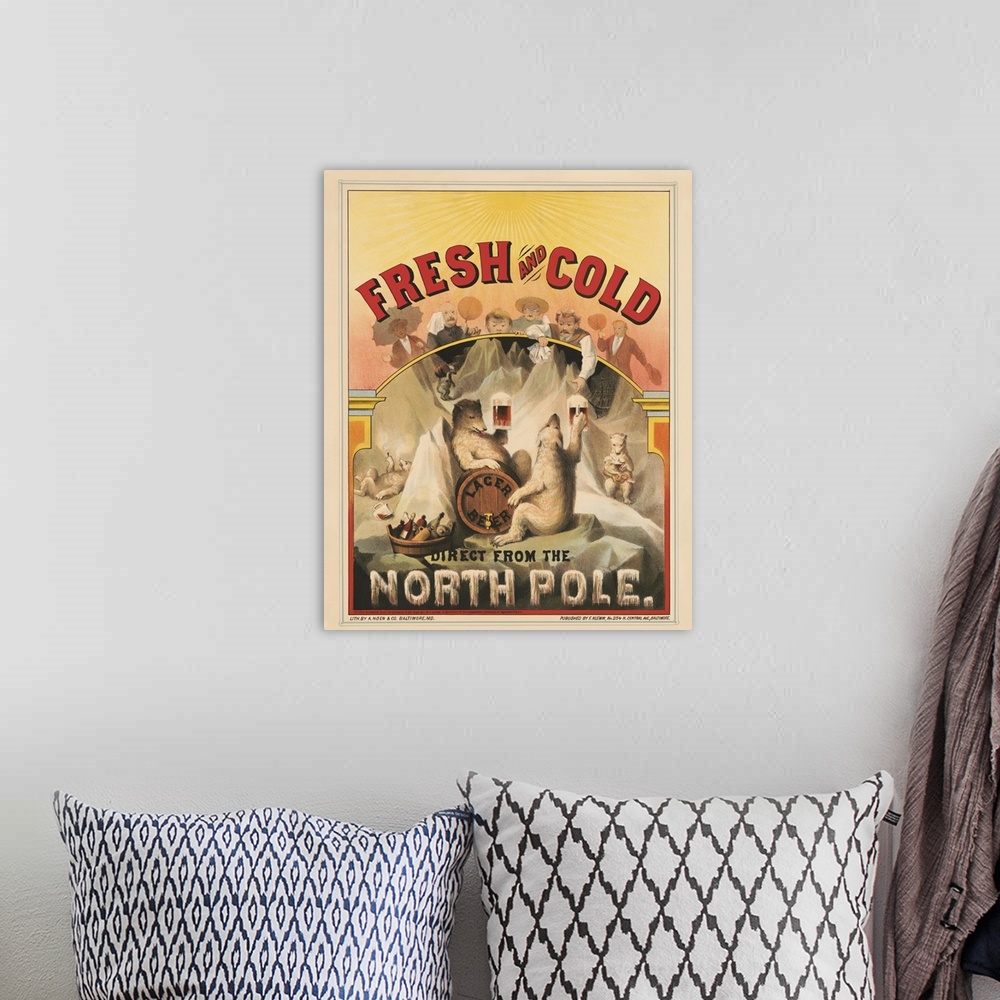 A bohemian room featuring Vintage Advertisement Of Polar Bears Enjoying Mugs Of Lager Beer At The North Pole