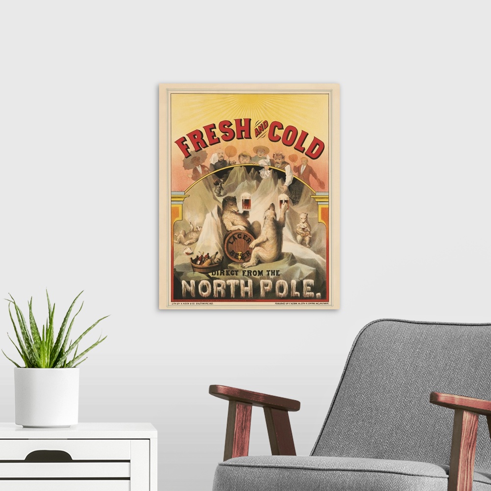 A modern room featuring Vintage Advertisement Of Polar Bears Enjoying Mugs Of Lager Beer At The North Pole