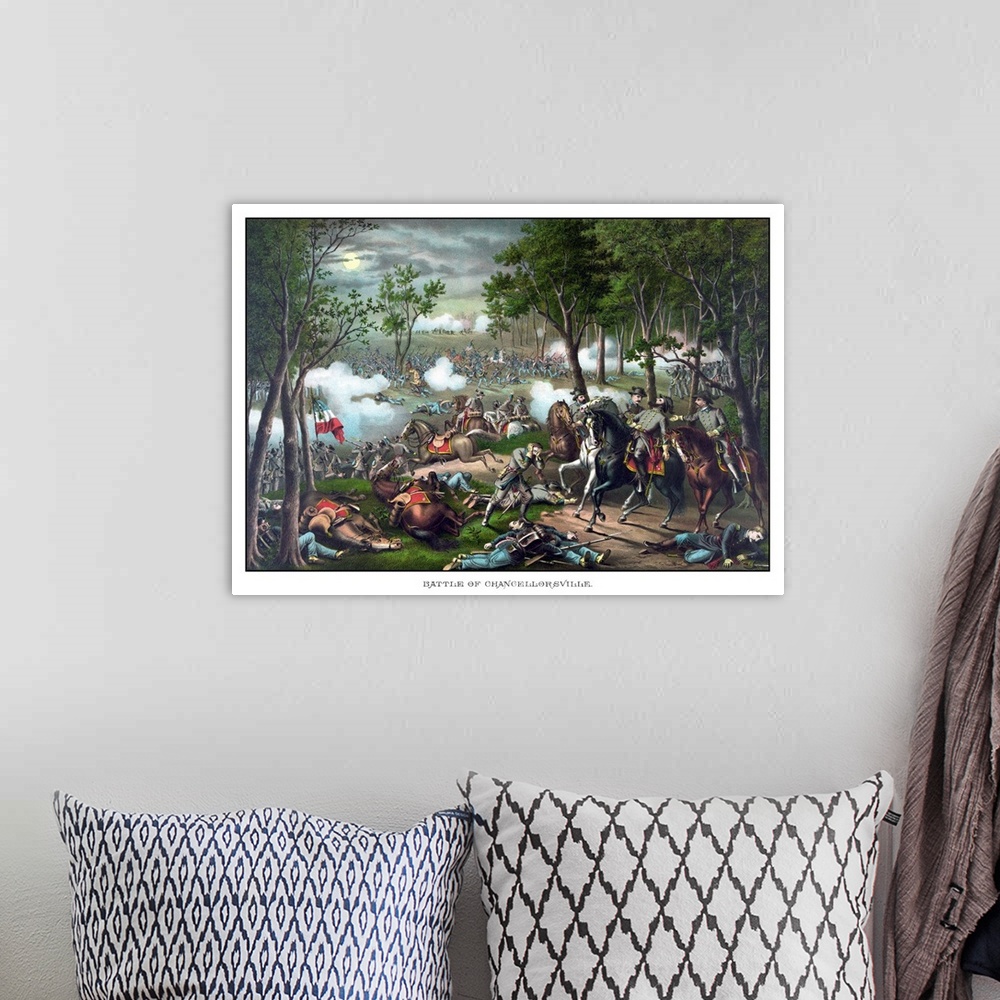 A bohemian room featuring Vintage American Civil War print featuring The Battle of Chancellorsville and showing the death o...