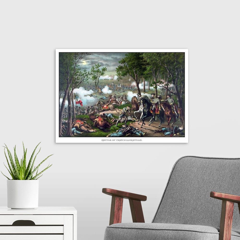 A modern room featuring Vintage American Civil War print featuring The Battle of Chancellorsville and showing the death o...