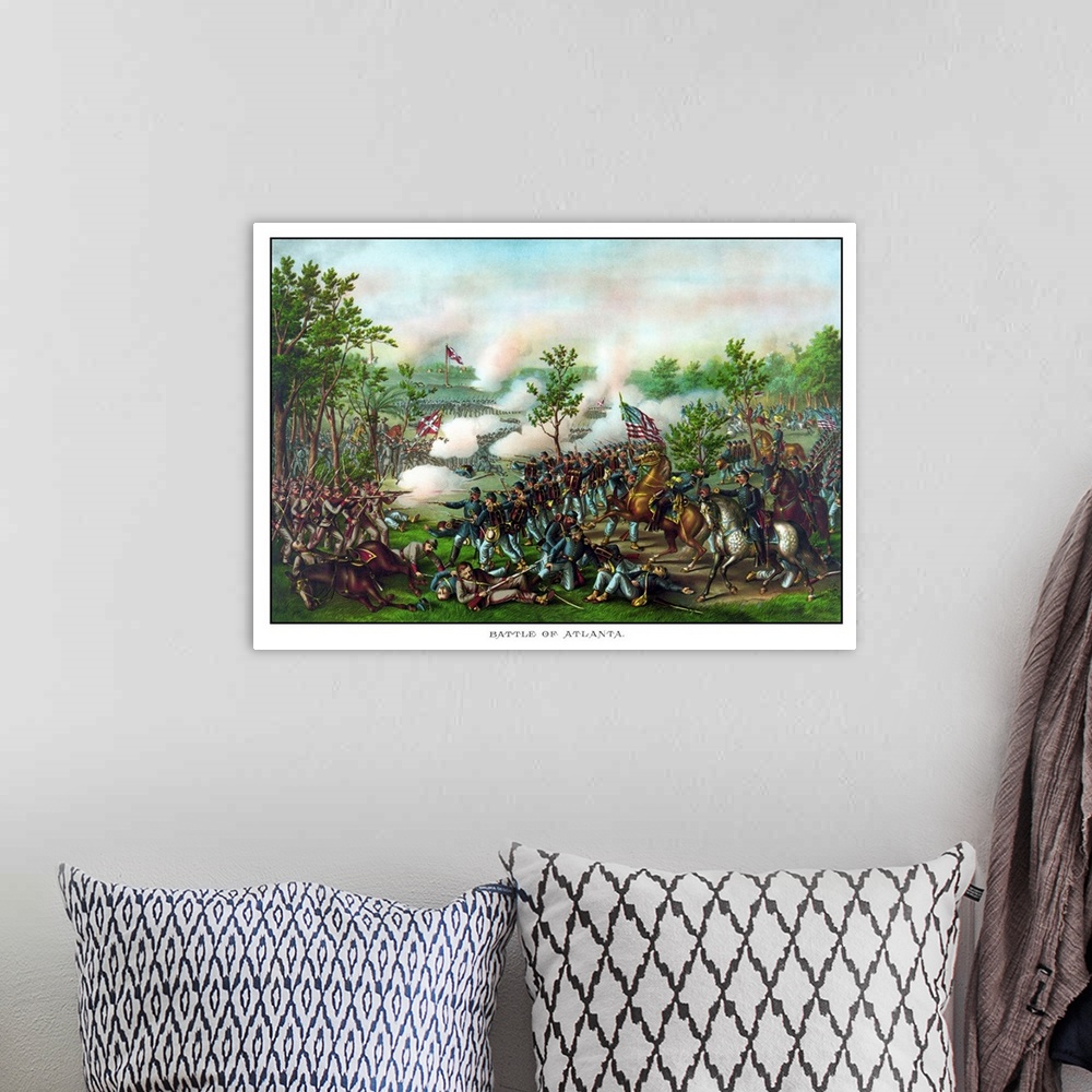 A bohemian room featuring Vintage American Civil War print of The Battle of Atlanta and the death of Union General James Mc...