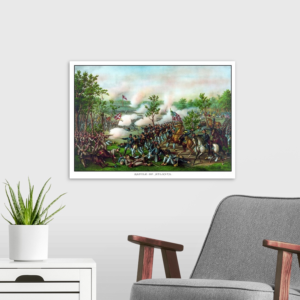 A modern room featuring Vintage American Civil War print of The Battle of Atlanta and the death of Union General James Mc...