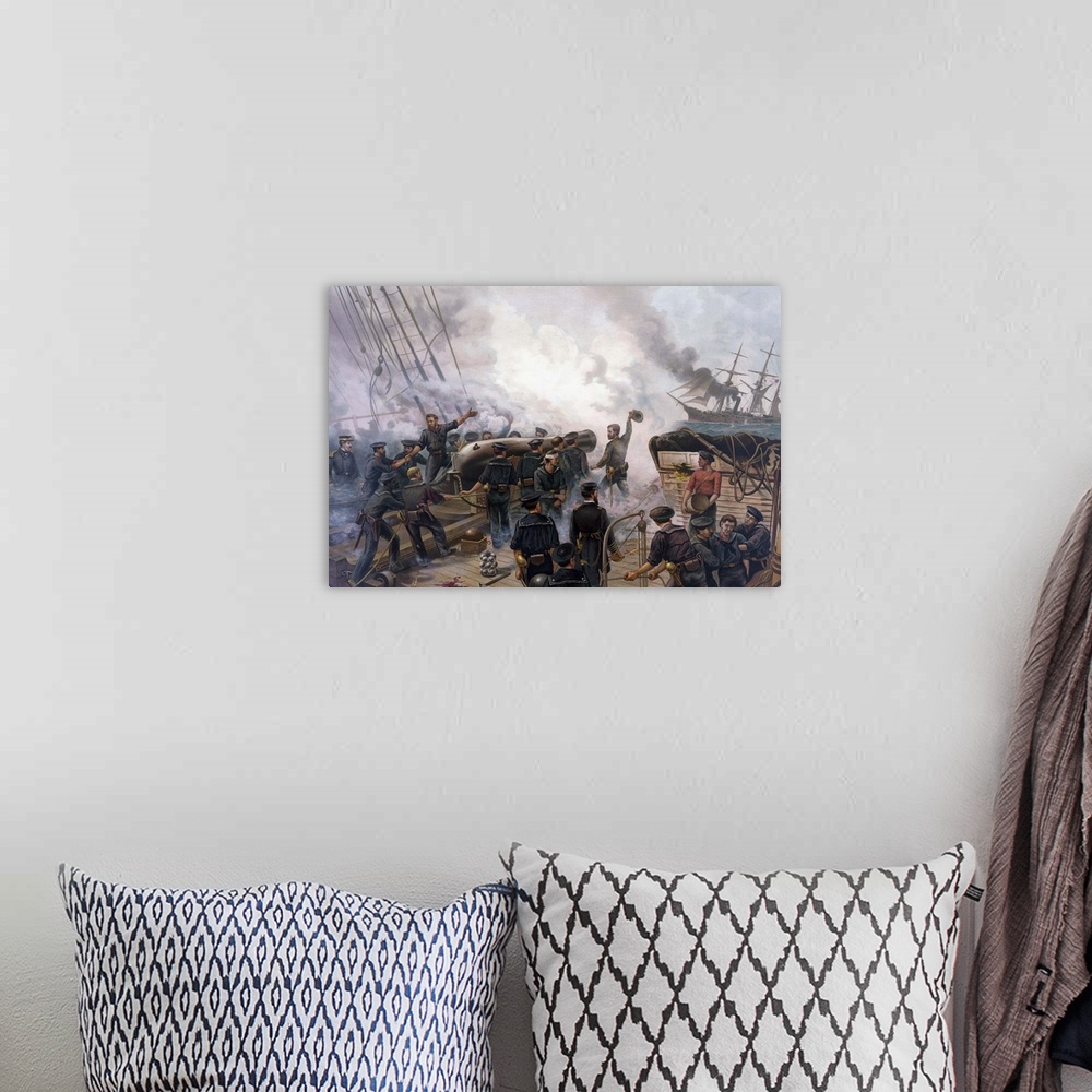 A bohemian room featuring Vintage American Civil War print of The Battle of Cherbourg.