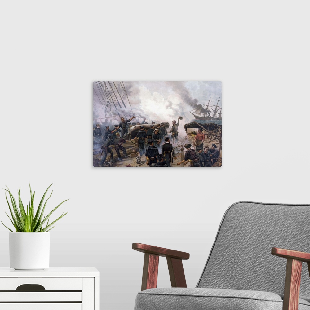 A modern room featuring Vintage American Civil War print of The Battle of Cherbourg.