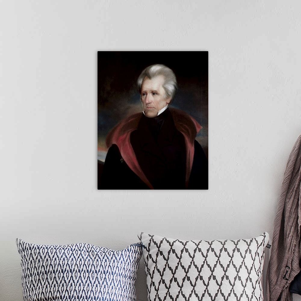 A bohemian room featuring Vintage American history painting of President Andrew Jackson.