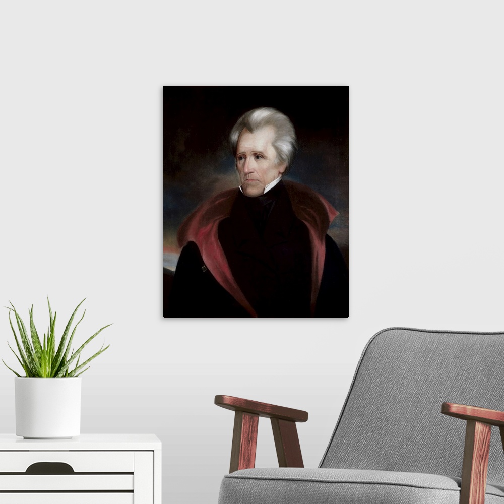 A modern room featuring Vintage American history painting of President Andrew Jackson.