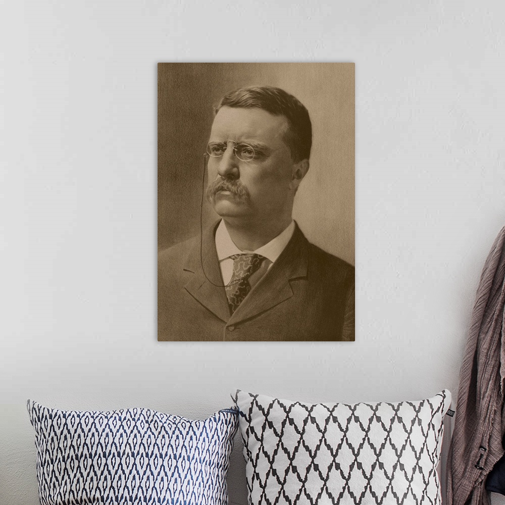 A bohemian room featuring Vintage American history print of a younger President Theodore Roosevelt.