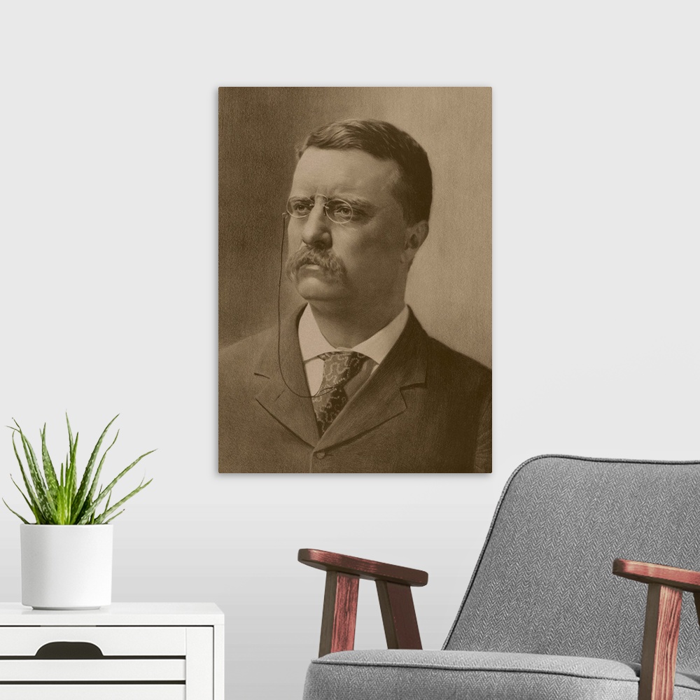 A modern room featuring Vintage American history print of a younger President Theodore Roosevelt.