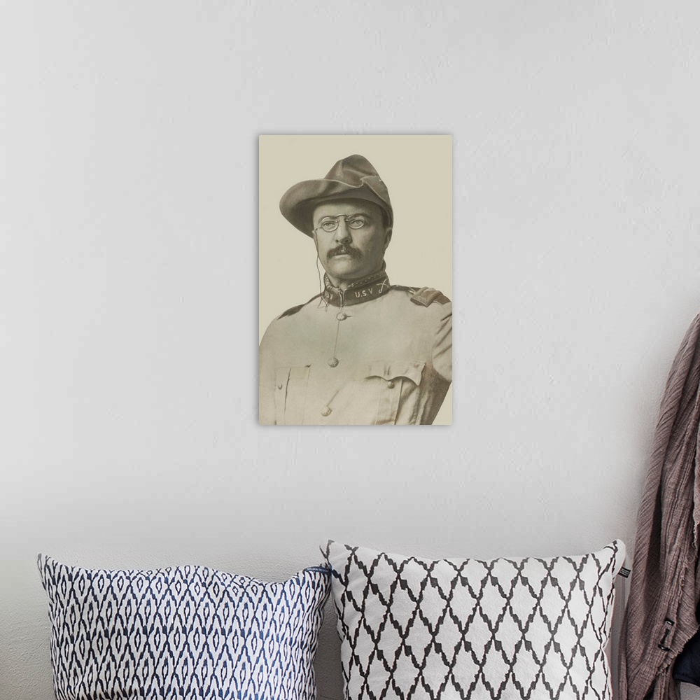 A bohemian room featuring Vintage American History print of Colonel Theodore Roosevelt.