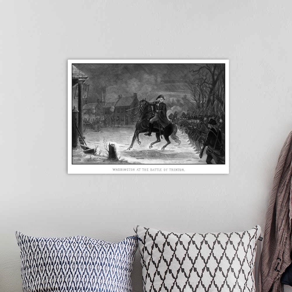 A bohemian room featuring Vintage American History print of General George Washington on his horse leading armed troops at ...