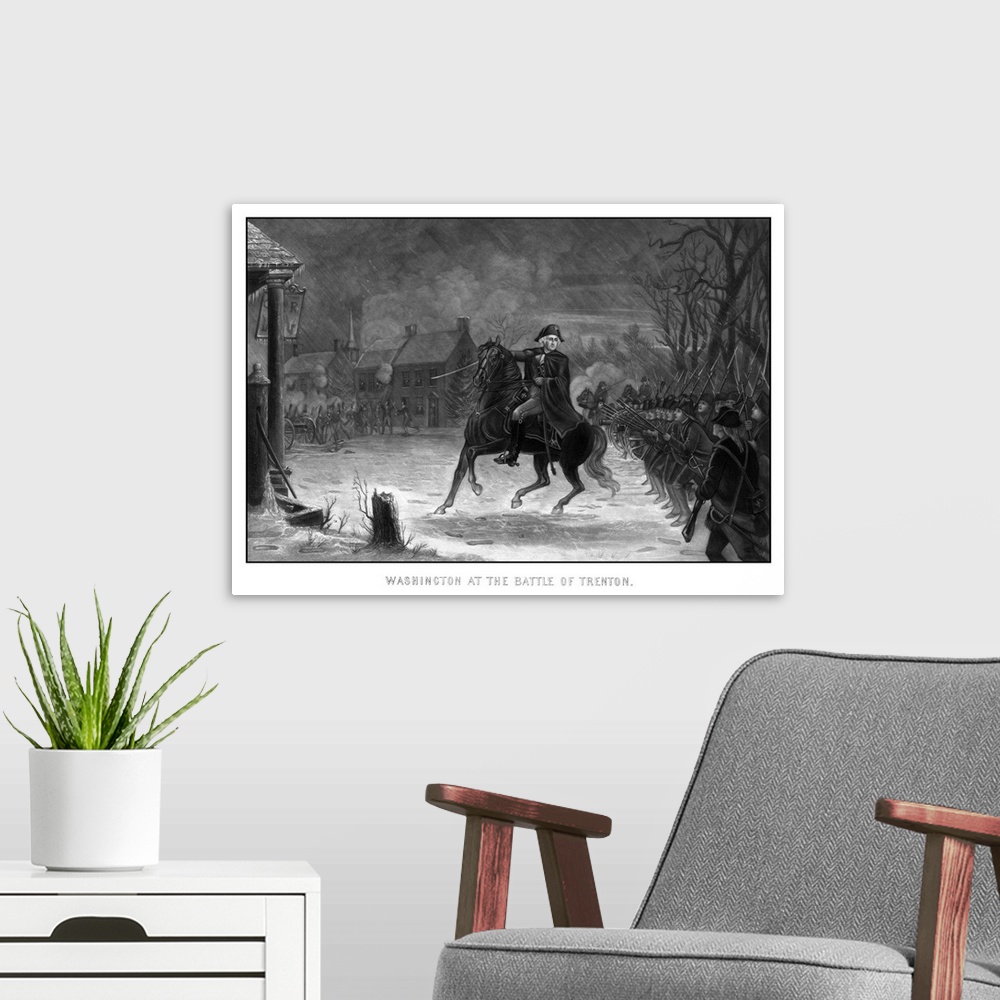 A modern room featuring Vintage American History print of General George Washington on his horse leading armed troops at ...