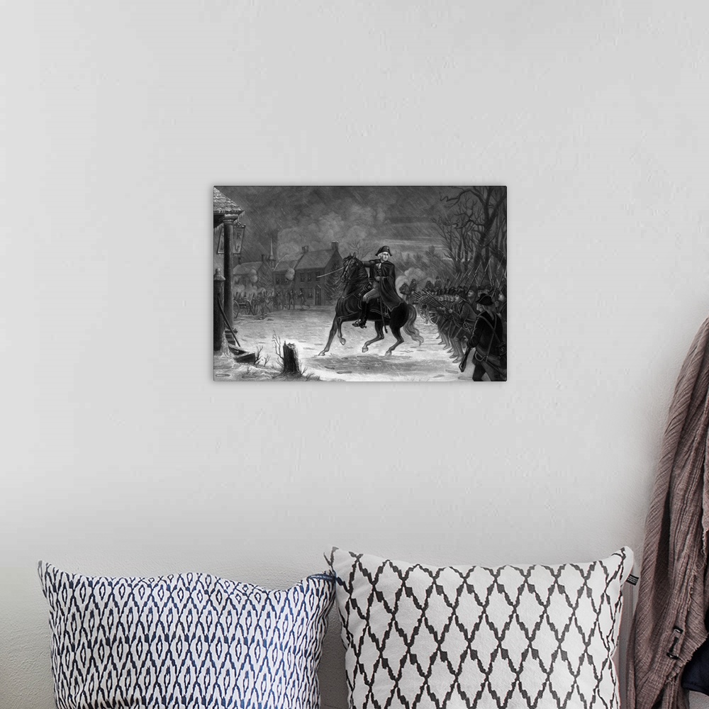 A bohemian room featuring Vintage American History print of General George Washington at The Battle of Trenton.