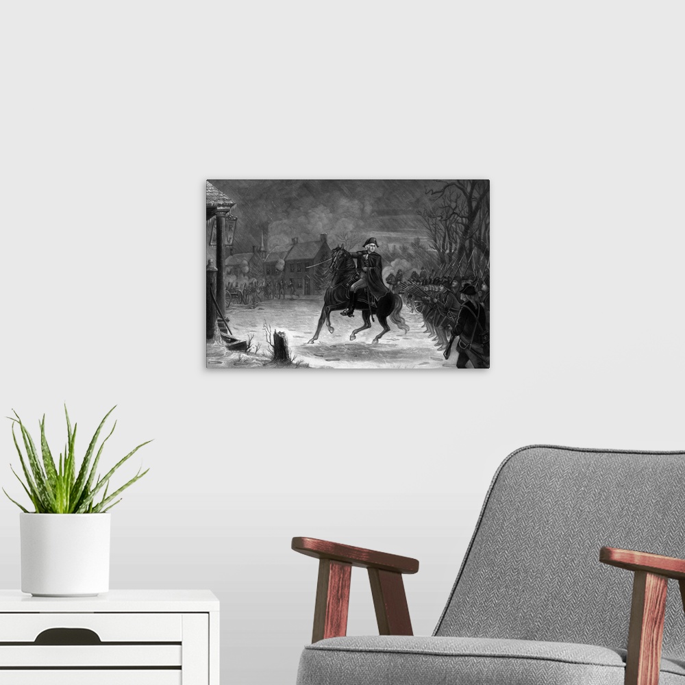 A modern room featuring Vintage American History print of General George Washington at The Battle of Trenton.