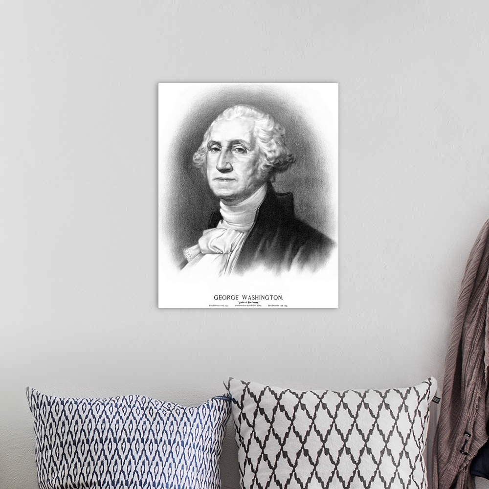 A bohemian room featuring Vintage American History print of the bust of President George Washington. It reads, George Washi...