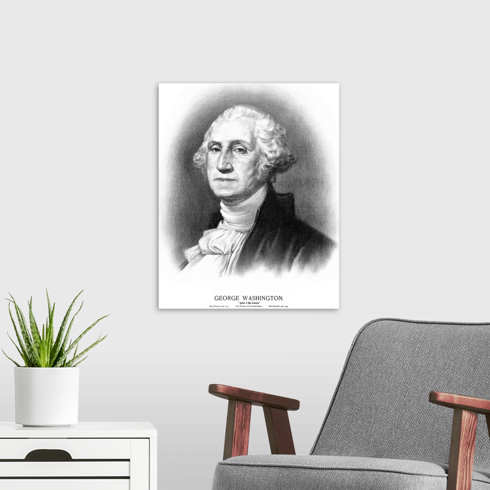 A modern room featuring Vintage American History print of the bust of President George Washington. It reads, George Washi...
