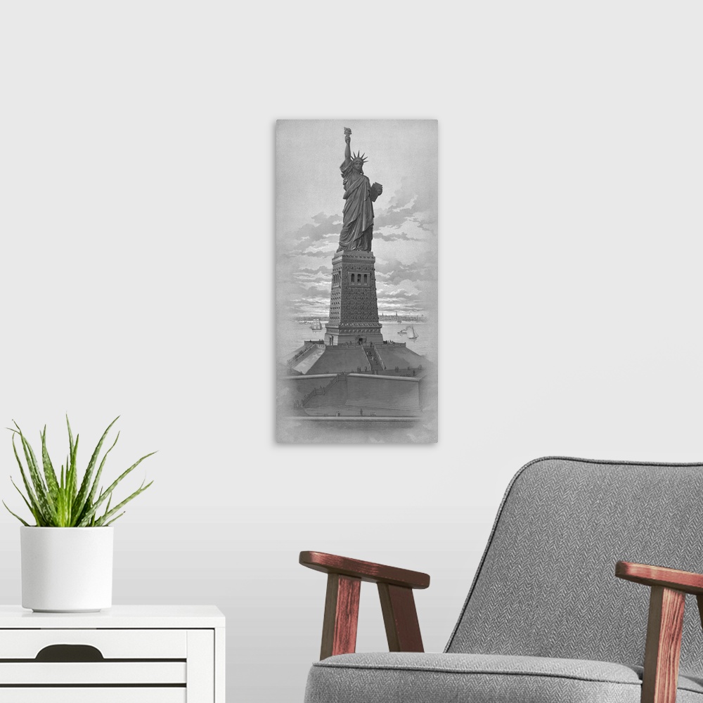 A modern room featuring Vintage American History print of The Statue of Liberty.