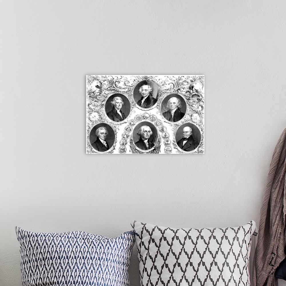 A bohemian room featuring Vintage American history print showing the first six Presidents of The United States of America. ...