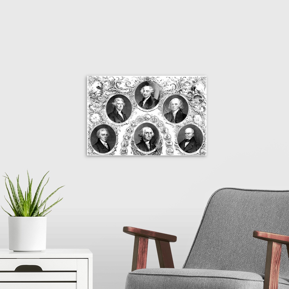 A modern room featuring Vintage American history print showing the first six Presidents of The United States of America. ...