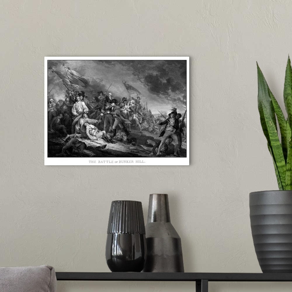 A modern room featuring Vintage American Revolutionary War print of the Battle of Bunker Hill. The battle took place June...