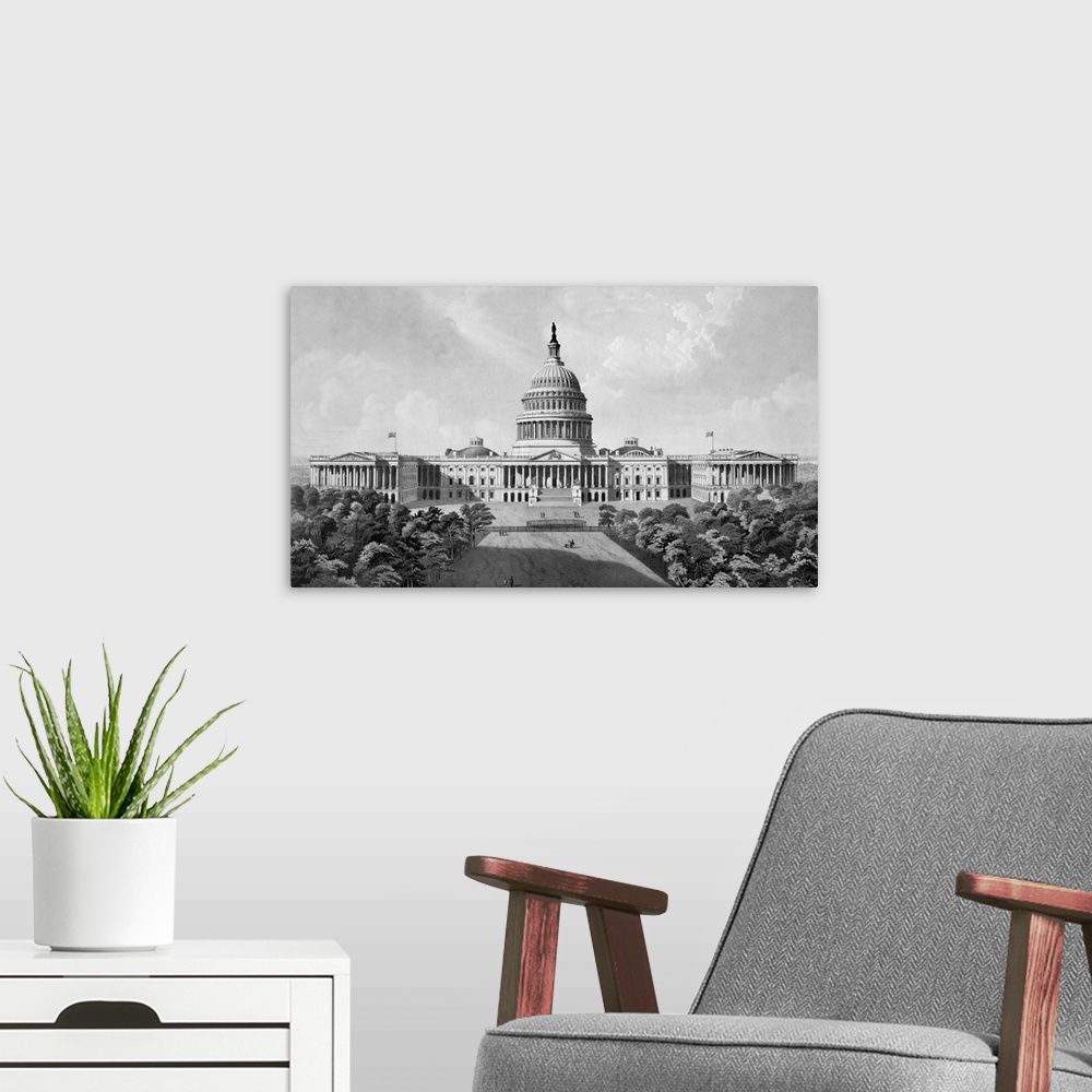 A modern room featuring Vintage architecture print of The United States Capitol Building.